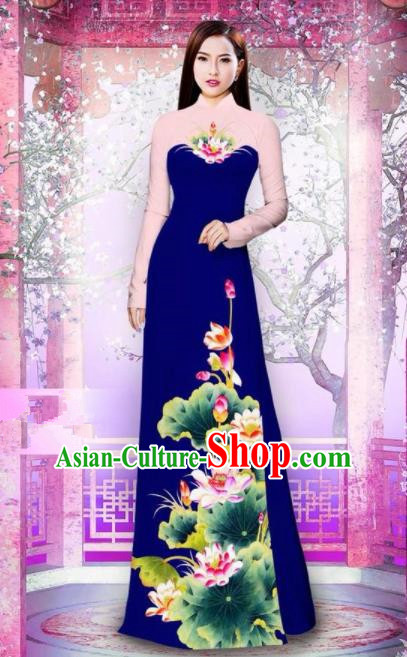Vietnam Traditional National Printing Lotus Royalblue Ao Dai Dress Asian Vietnamese Cheongsam for Women