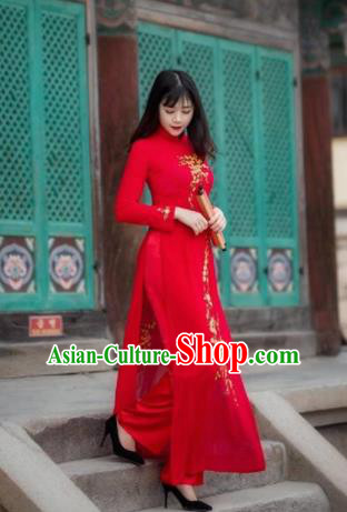 Vietnam Traditional National Wedding Red Ao Dai Dress Asian Vietnamese Cheongsam for Women