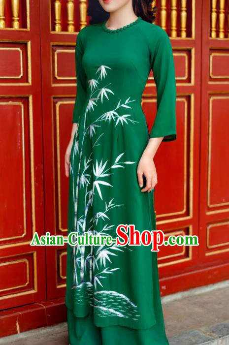 Vietnam Traditional National Printing Bamboo Green Ao Dai Dress Asian Vietnamese Cheongsam for Women