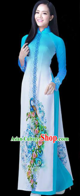Vietnam Traditional National Blue Ao Dai Dress Asian Vietnamese Cheongsam for Women