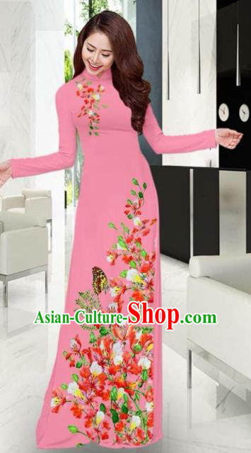Vietnam Traditional National Printing Flowers Butterfly Pink Ao Dai Dress Asian Vietnamese Cheongsam for Women