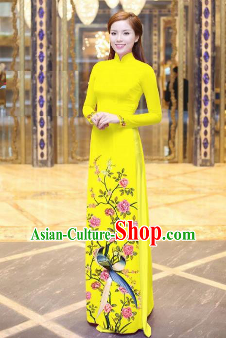 Vietnam Traditional National Printing Peony Birds Yellow Ao Dai Dress Asian Vietnamese Cheongsam for Women