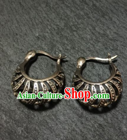 Chinese Traditional Mongol Nationality Carving Sliver Earrings Mongolian Ethnic Ear Accessories for Women
