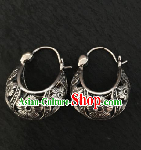 Chinese Traditional Mongol Nationality Carving Flowers Sliver Earrings Mongolian Ethnic Ear Accessories for Women