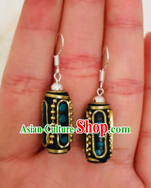 Chinese Traditional Ethnic Copper Barrel Earrings Mongol Nationality Ear Accessories for Women