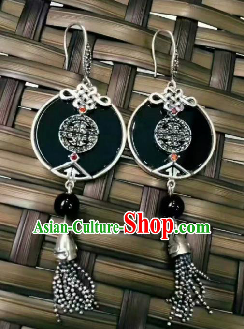Chinese Traditional Ethnic Black Earrings Mongol Nationality Ear Accessories for Women