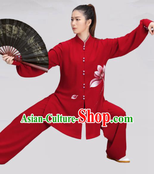 Chinese Traditional Martial Arts Red Costume Tai Ji Kung Fu Printing Lotus Clothing for Women