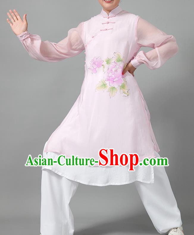 Traditional Chinese Martial Arts Printing Peony Pink Costume Tai Ji Kung Fu Competition Clothing for Women