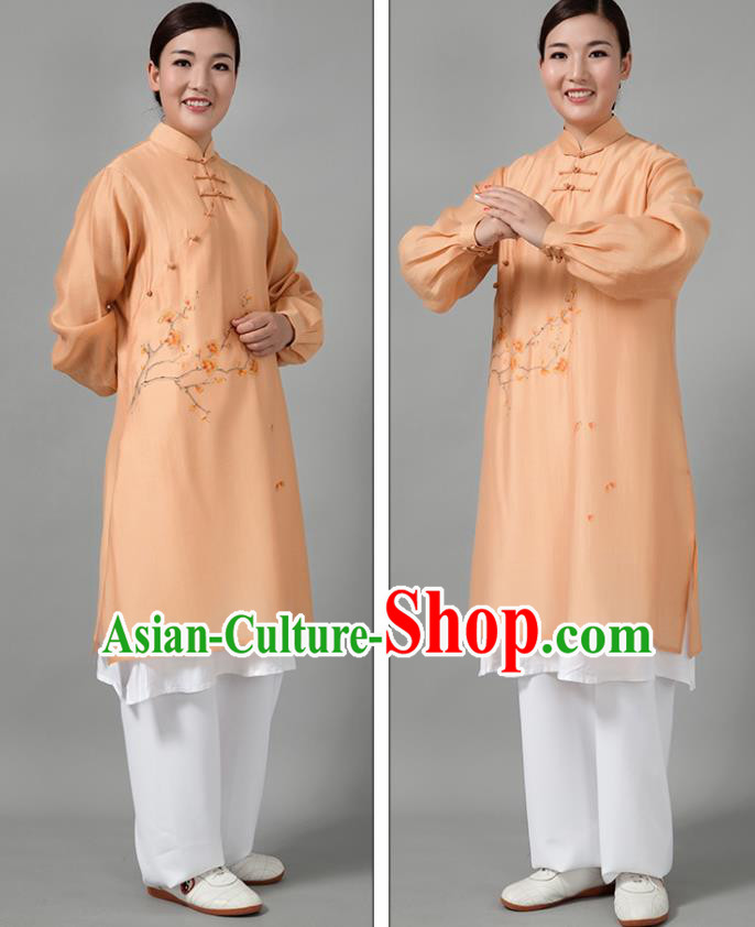 Traditional Chinese Martial Arts Printing Plum Blossom Orange Costume Tai Ji Kung Fu Competition Clothing for Women