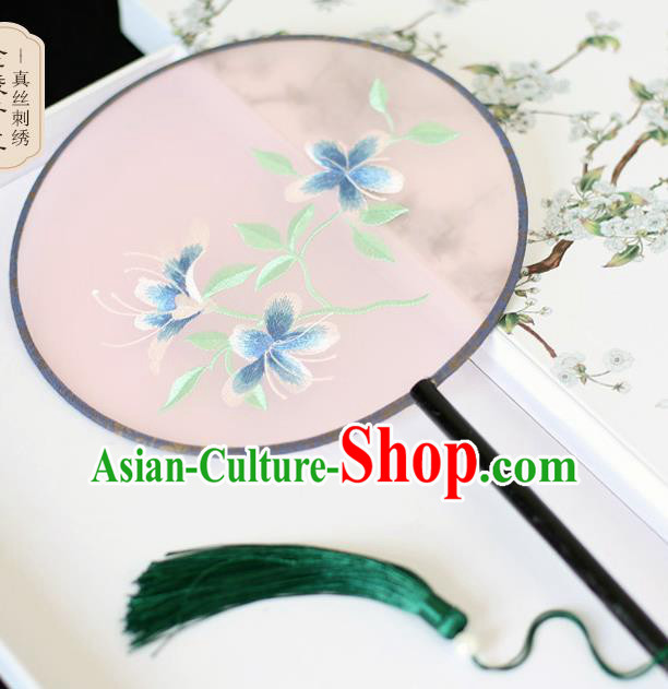 Chinese Traditional Embroidered Blue Flowers Silk Round Fans Classical Hanfu Palace Fans for Women