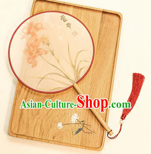 Chinese Traditional Printing Tawny Daylily Dance Silk Round Fans Handmade Classical Palace Fans for Women