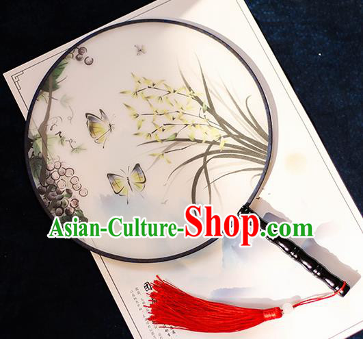 Chinese Traditional Printing Grape Orchid Silk Round Fans Handmade Classical Palace Fans for Women