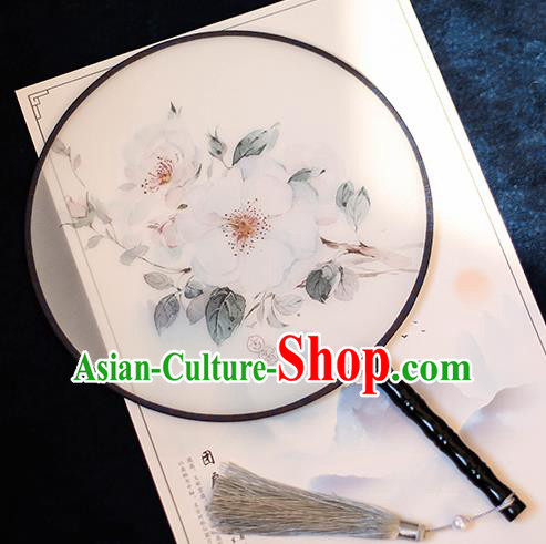 Chinese Traditional Printing White Camellia Silk Round Fans Handmade Classical Palace Fans for Women