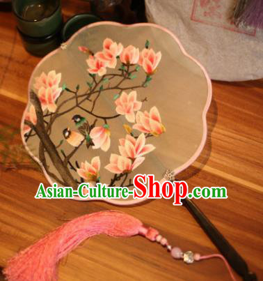 Handmade Chinese Traditional Embroidered Magnolia Flowers Silk Fans Classical Palace Fans for Women