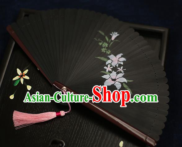 Chinese Handmade Printing Flowers Bamboo Black Fans Classical Accordion Traditional Folding Fans for Women