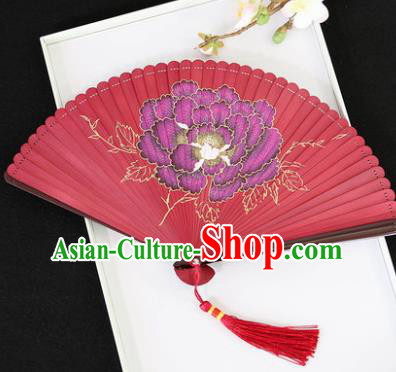 Chinese Handmade Printing Peony Red Bamboo Fans Classical Accordion Traditional Folding Fans for Women
