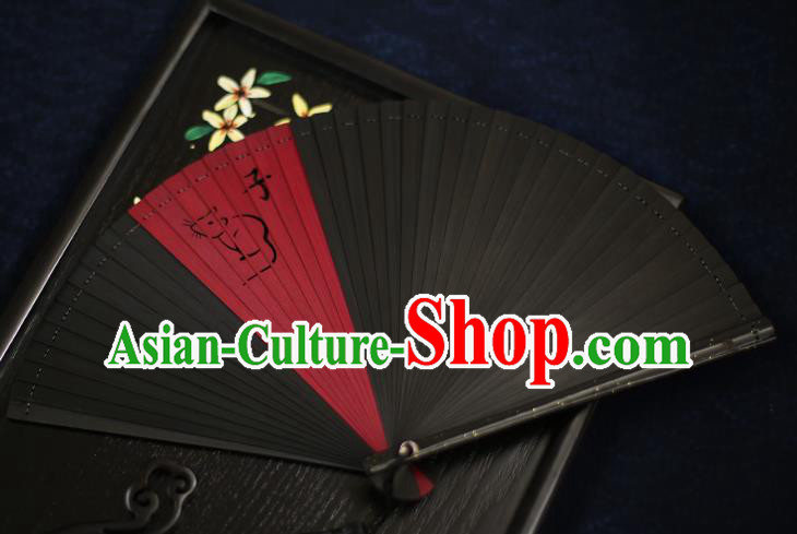 Chinese Handmade Carving Zodiac Rat Bamboo Fans Classical Accordion Traditional Folding Fans for Women