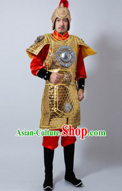 Chinese Ancient Drama Costume Han Dynasty General Golden Helmet and Armour Complete Set for Men