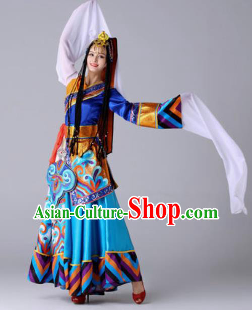Chinese Traditional Ethnic Costume Zang Nationality Princess Folk Dance Blue Dress for Women