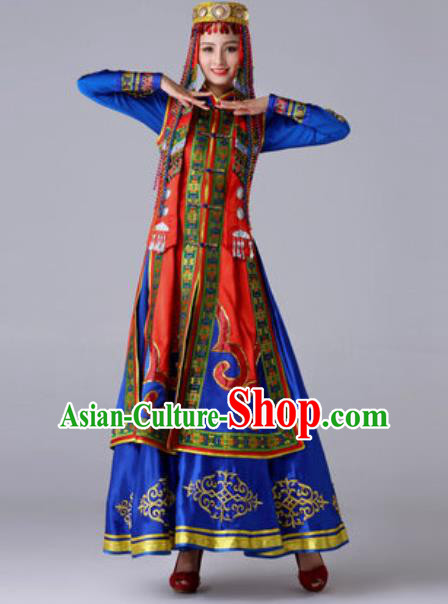 Chinese Traditional Ethnic Princess Costume Mongolian Nationality Folk Dance Blue Dress for Women