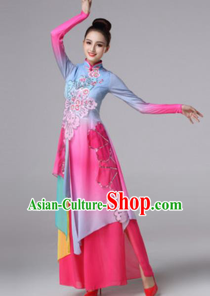 Chinese Traditional Umbrella Dance Costume Classical Dance Fan Dance Stage Performance Rosy Dress for Women