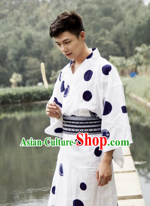 Japanese Traditional Handmade White Kimono Asian Japan Yukata Costume for Men
