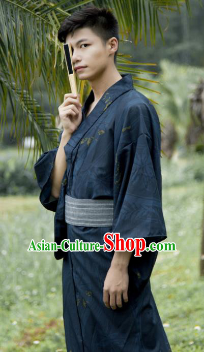 Japanese Traditional Handmade Printing Navy Kimono Robe Asian Japan Yukata Costume for Men