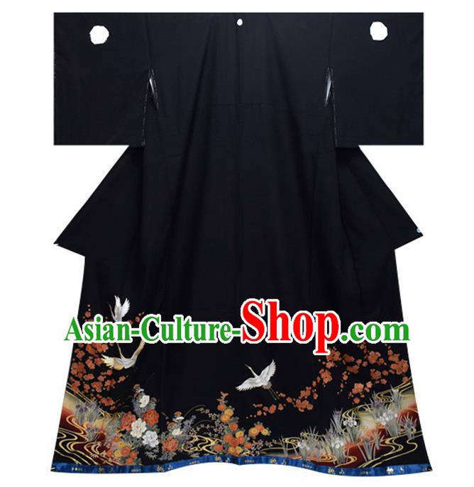 Japanese Traditional Handmade Printing Crane Black Kimono Dress Asian Japan Geisha Yukata Costume for Women