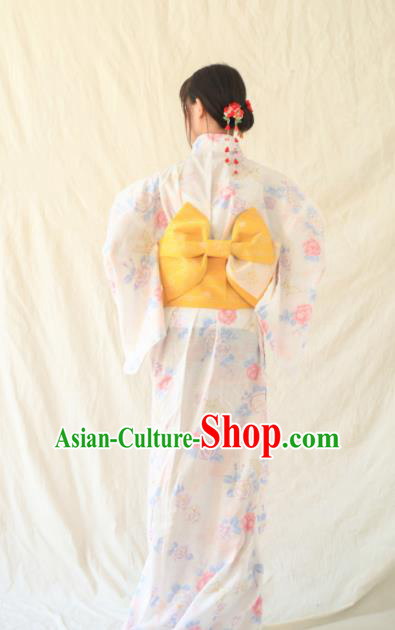Japanese Traditional Handmade Printing Roses Furisode Kimono White Dress Asian Japan Geisha Yukata Costume for Women
