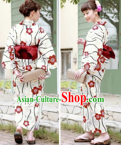 Japanese Traditional Handmade Printing White Kimono Dress Asian Japan Geisha Yukata Costume for Women