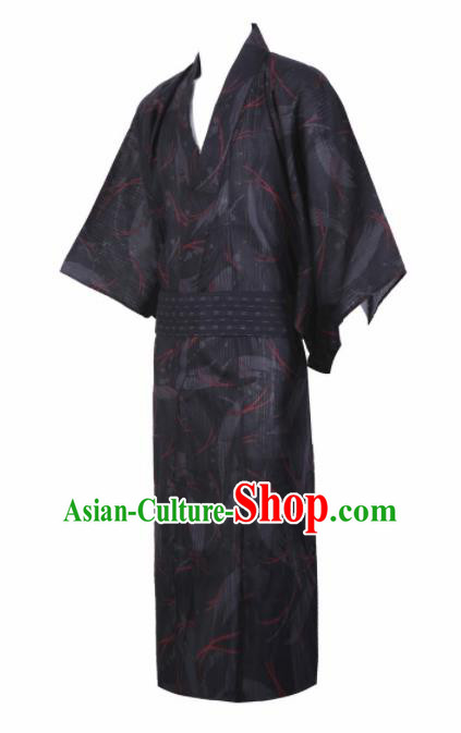 Japanese Traditional Samurai Printing Deep Grey Kimono Asian Japan Handmade Warrior Yukata Costume for Men