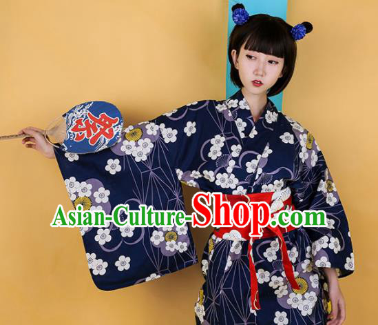 Japanese Traditional Handmade Printing Navy Kimono Dress Asian Japan Geisha Yukata Costume for Women