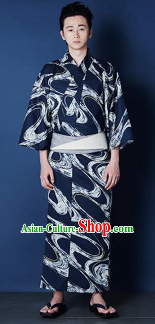 Traditional Japanese Samurai Printing Waves Navy Kimono Robe Asian Japan Handmade Warrior Yukata Costume for Men