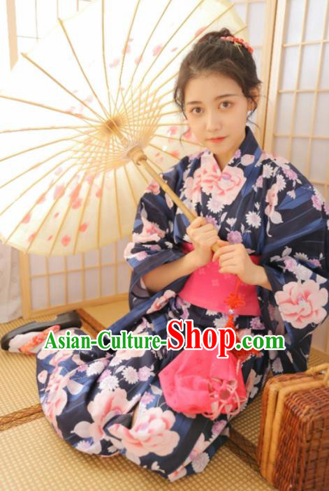 Japanese Traditional Handmade Printing Peony Furisode Kimono Navy Dress Asian Japan Geisha Yukata Costume for Women