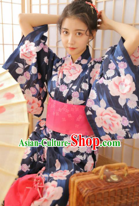 Japanese Traditional Handmade Printing Peony Furisode Kimono Navy Dress Asian Japan Geisha Yukata Costume for Women