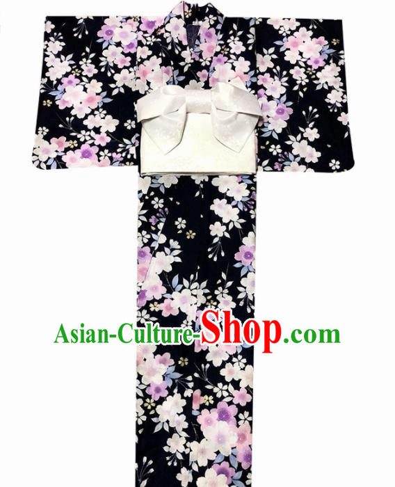 Japanese Traditional Handmade Printing Black Kimono Dress Asian Japan Geisha Yukata Costume for Women