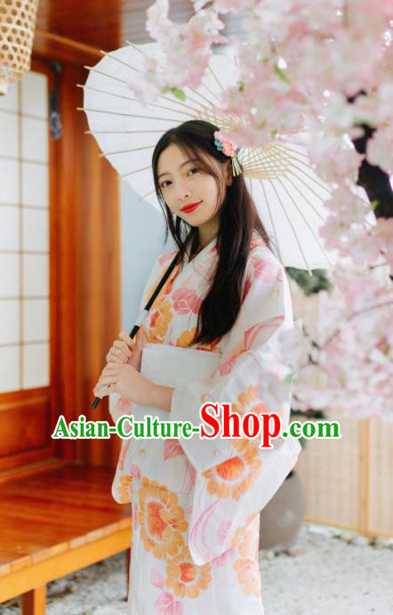 Japanese Traditional Handmade Printing Sunflowers White Kimono Dress Asian Japan Geisha Yukata Costume for Women
