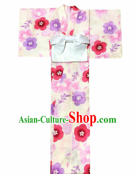 Japanese Traditional Handmade Printing Yellow Kimono Dress Asian Japan Geisha Yukata Costume for Women