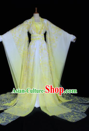 Chinese Traditional Cosplay Peri Costume Ancient Swordswoman Yellow Hanfu Dress for Women