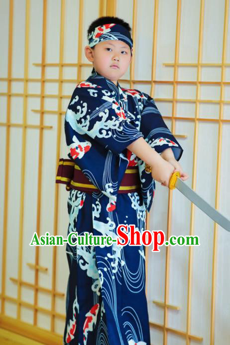 Japanese Traditional Handmade Kimono Asian Japan Boys Printing Navy Yukata Costume for Kids