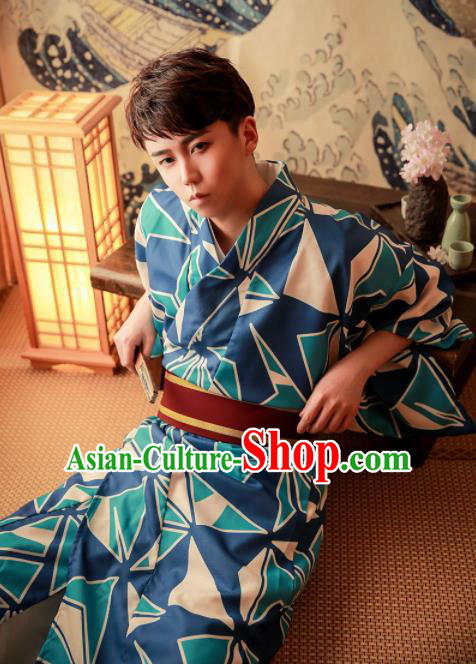 Japanese Traditional Handmade Kimono Asian Japan Blue Yukata Costume for Men
