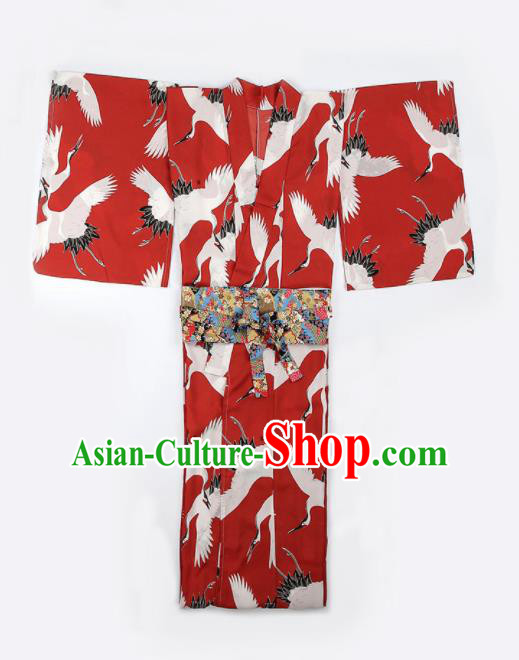 Japanese Traditional Handmade Furisode Kimono Red Dress Asian Japan Geisha Yukata Costume for Women