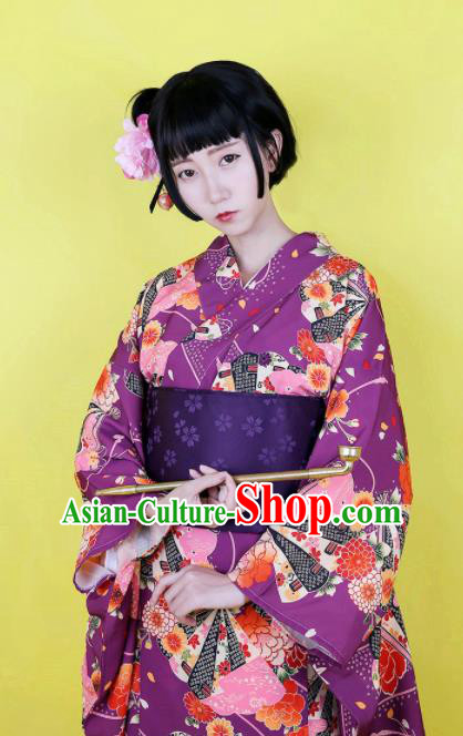 Japanese Traditional Handmade Furisode Kimono Purple Dress Asian Japan Geisha Yukata Costume for Women