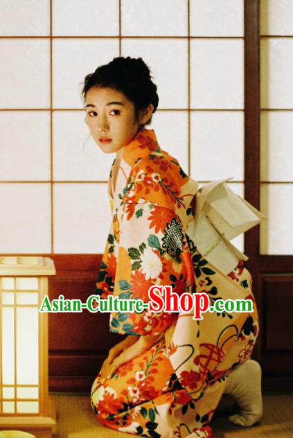 Handmade Japanese Traditional Costume Geisha Printing Furisode Kimono Dress Asian Japan Yukata for Women