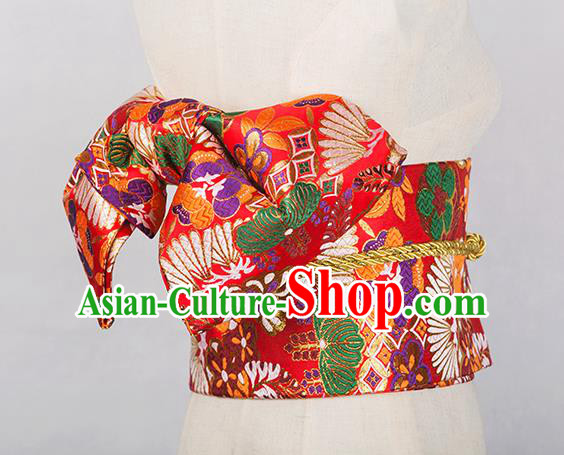Japanese Traditional Kimono Red Brocade Embroidered Belts Asian Handmade Japan Geisha Yukata Waistband for Women