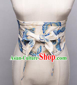 Japanese Traditional Kimono Printing Butterfly White Belts Asian Handmade Japan Geisha Yukata Waistband for Women