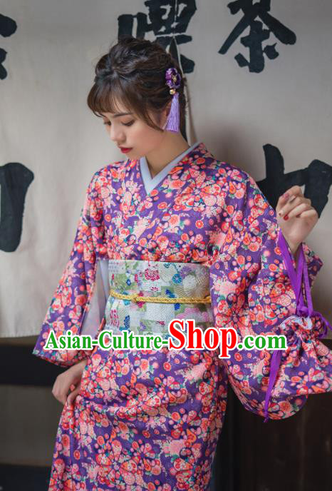 Handmade Japanese Traditional Costume Purple Furisode Kimono Dress Asian Japan Yukata for Women