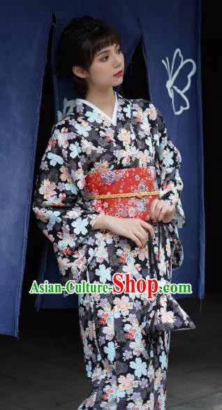 Handmade Japanese Traditional Costume Black Furisode Kimono Dress Asian Japan Yukata for Women