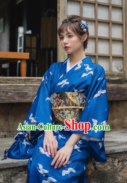 Handmade Japanese Traditional Costume Deep Blue Furisode Kimono Dress Asian Japan Yukata for Women