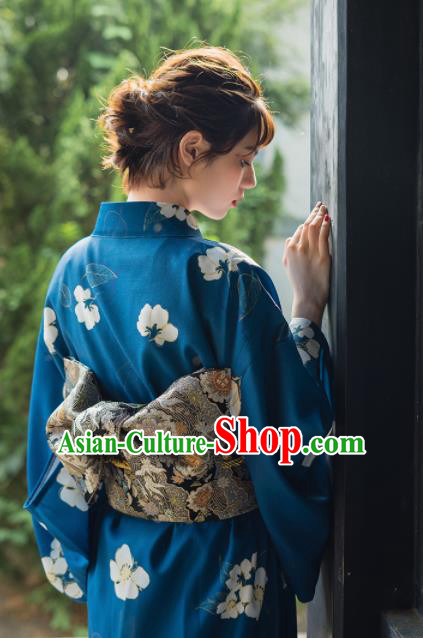 Handmade Japanese Traditional Costume Printing Flowers Blue Furisode Kimono Dress Asian Japan Yukata for Women